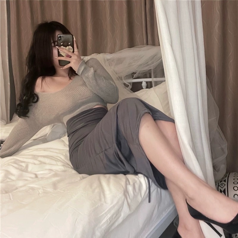 Grey Sheer Knit & Slit Skirt Set